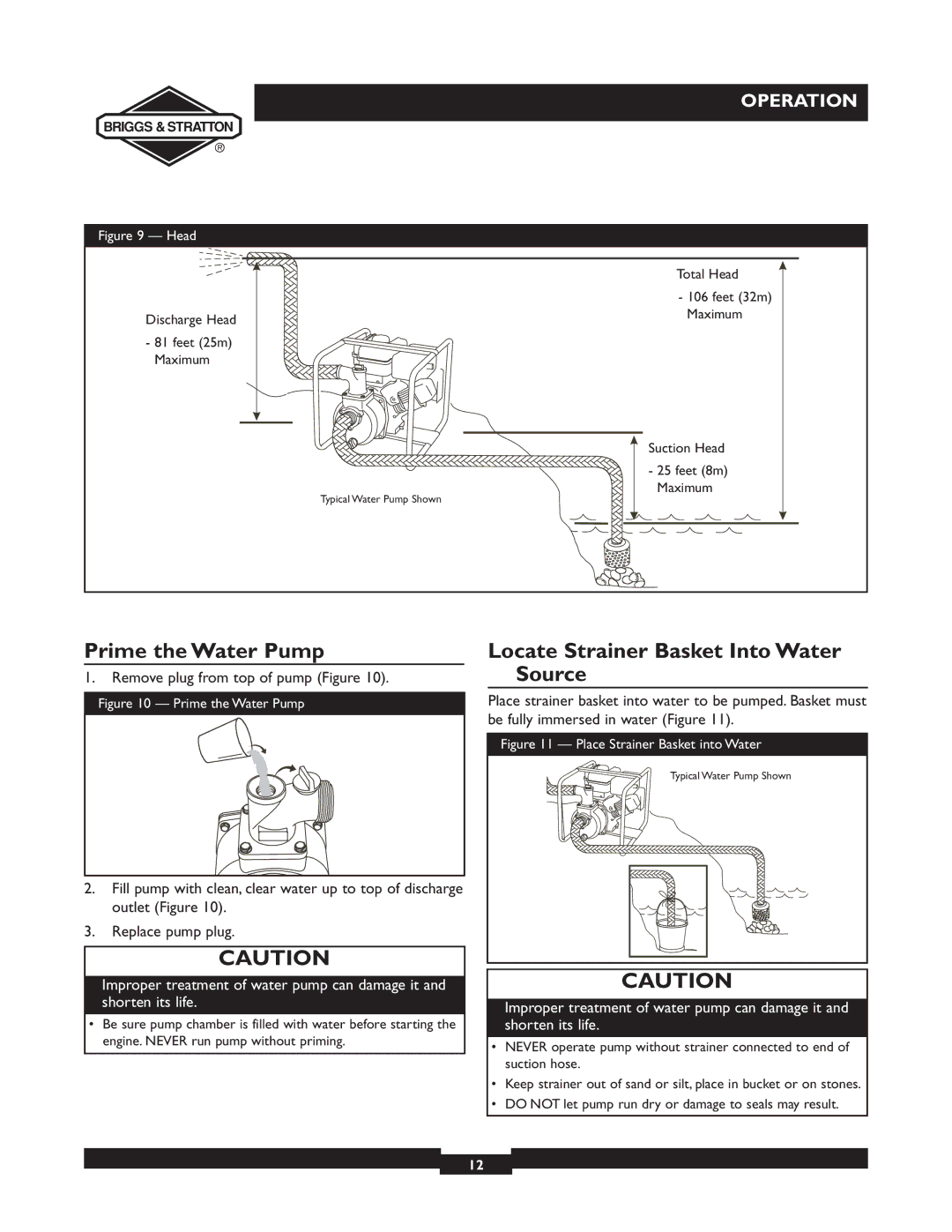 Briggs & Stratton 073002, 073001, 073003 Prime the Water Pump, Locate Strainer Basket Into Water Source, Total Head 