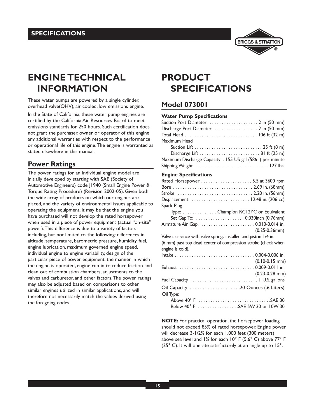 Briggs & Stratton 073002, 073001, 073003 Engine Technical Information, Product Specifications, Power Ratings, Model 