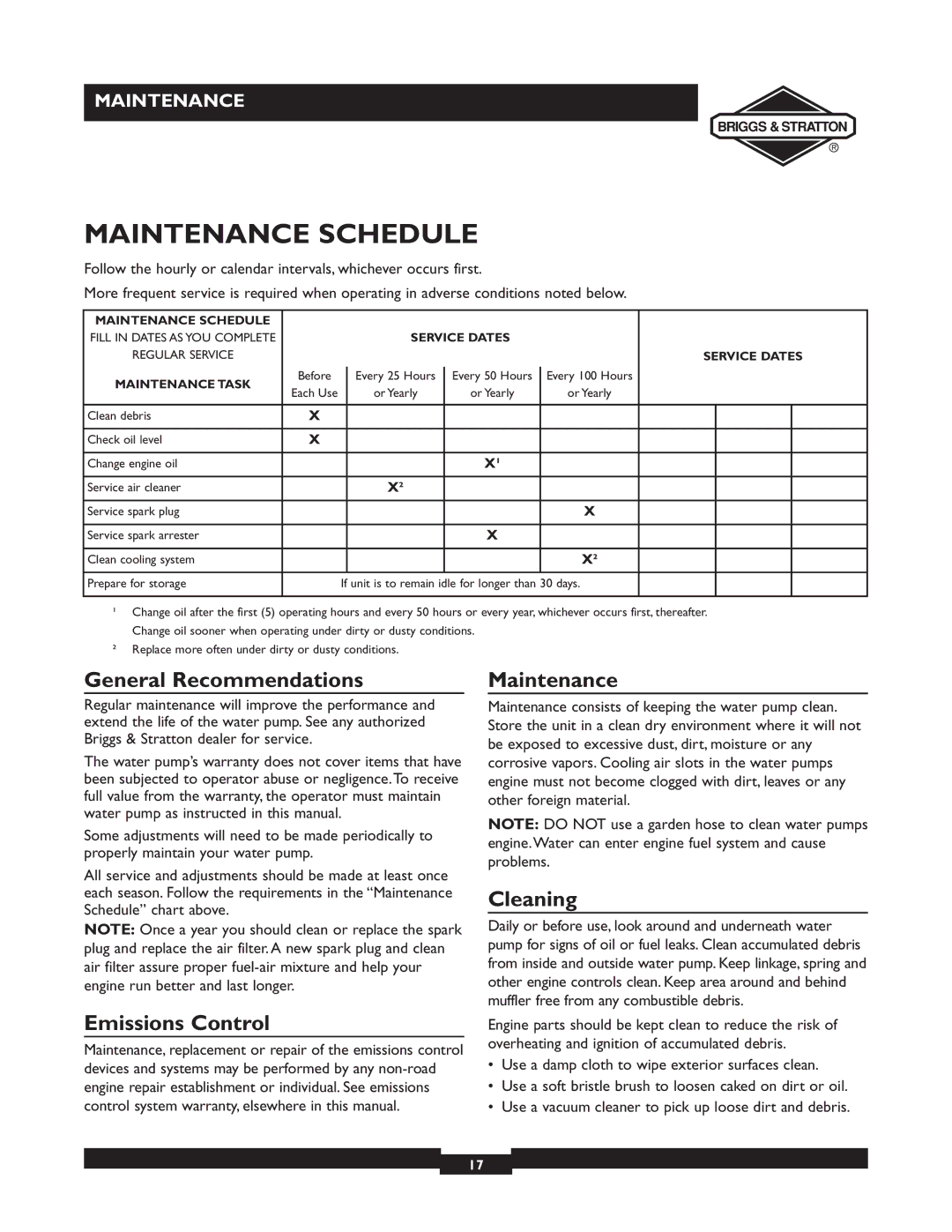 Briggs & Stratton 073003, 073002, 073001 Maintenance Schedule, General Recommendations, Emissions Control, Cleaning 