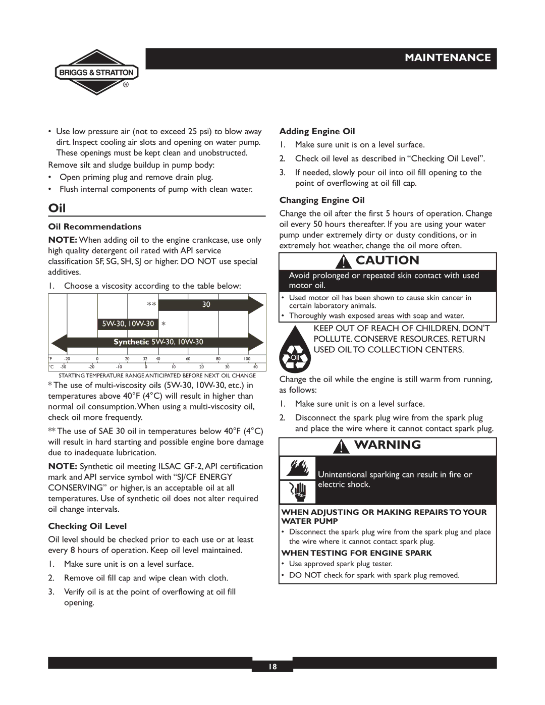 Briggs & Stratton 073002, 073001 Oil Recommendations, Checking Oil Level, Adding Engine Oil, Changing Engine Oil 