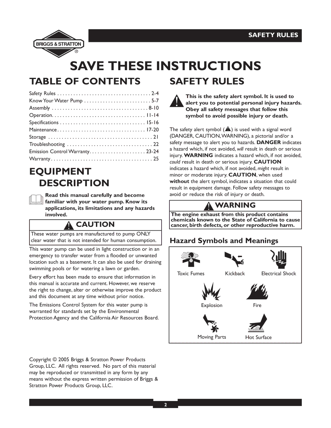 Briggs & Stratton 073003, 073002, 073001 owner manual Table of Contents, Equipment Description, Safety Rules 