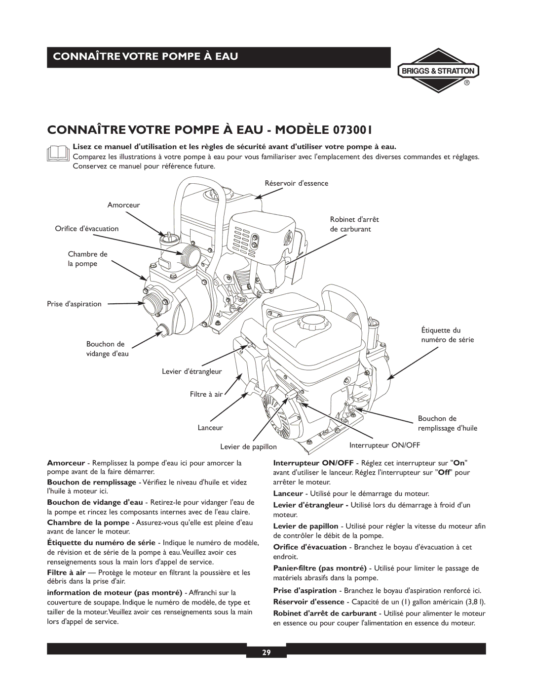 Briggs & Stratton 073003, 073002, 073001 owner manual Connaître Votre Pompe À EAU Modèle 