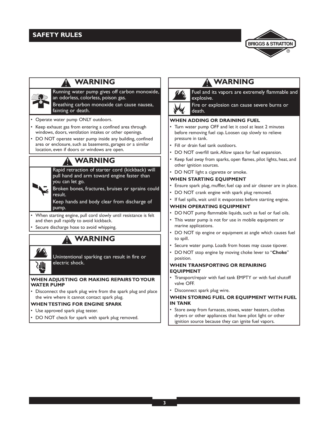 Briggs & Stratton 073002 Unintentional sparking can result in fire or electric shock, Operate water pump only outdoors 