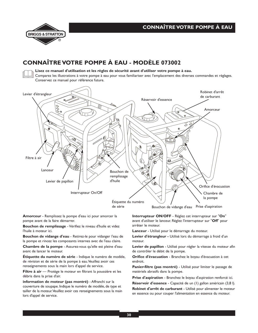 Briggs & Stratton 073002, 073001, 073003 owner manual Étiquette du numéro La pompe De série 