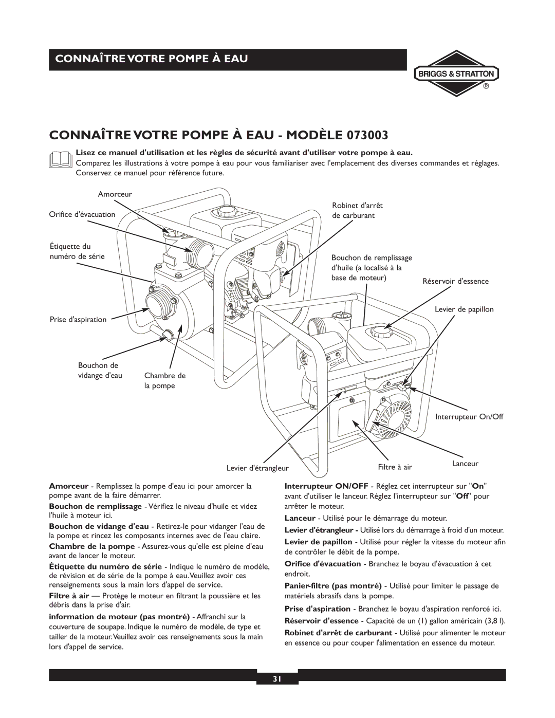 Briggs & Stratton 073001, 073002, 073003 owner manual Étiquette du numéro de série 