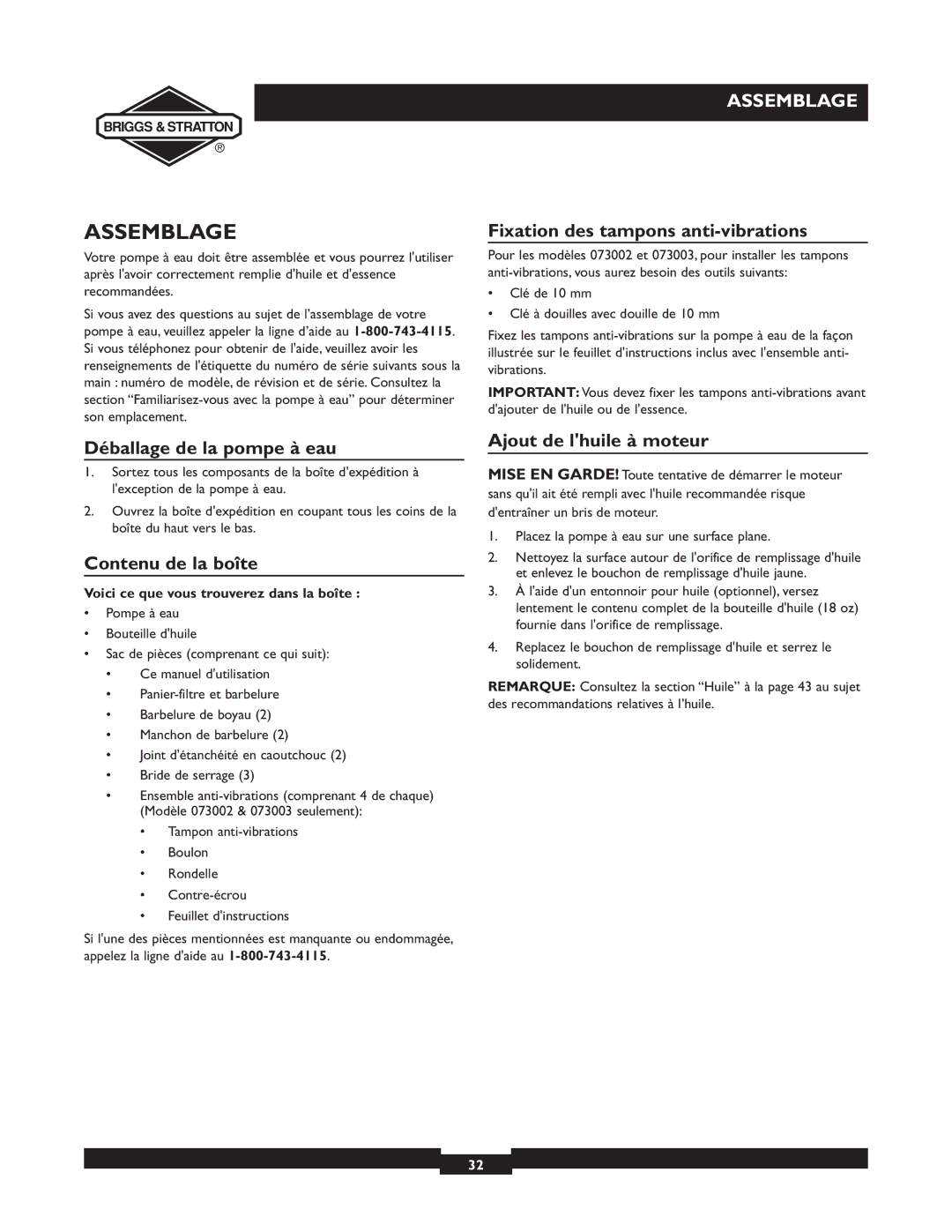 Briggs & Stratton 073003, 073002 Assemblage, Déballage de la pompe à eau, Contenu de la boîte, Ajout de lhuile à moteur 