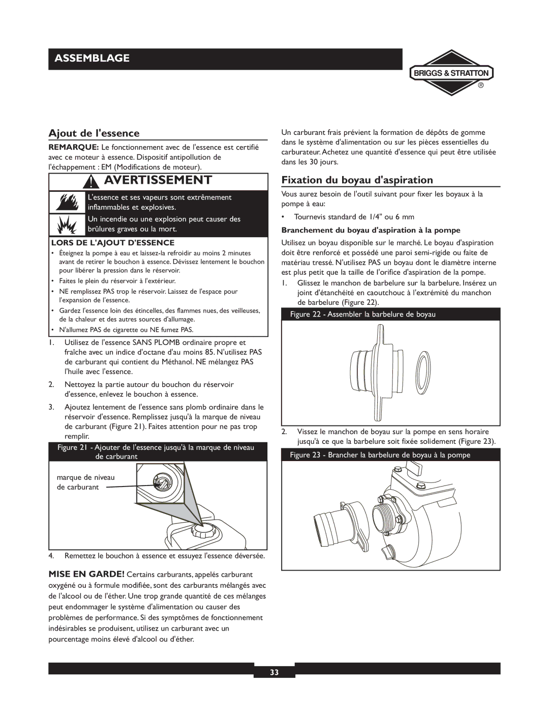 Briggs & Stratton 073002, 073001, 073003 Ajout de lessence, Fixation du boyau daspiration, Marque de niveau de carburant 