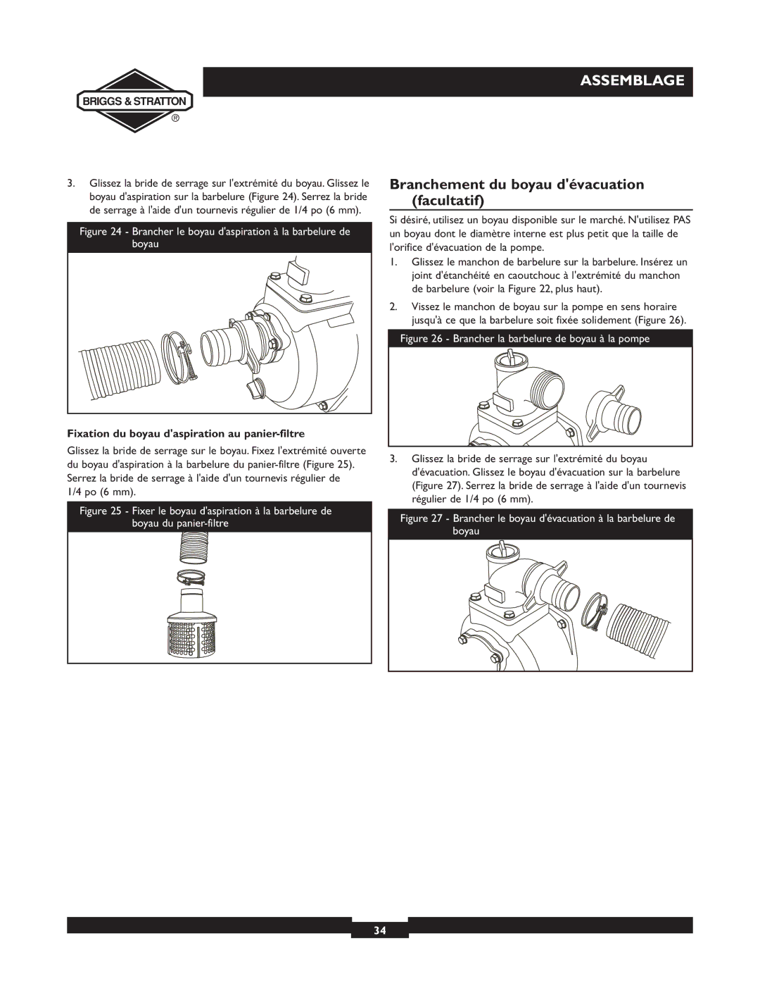 Briggs & Stratton 073001 Branchement du boyau dévacuation facultatif, Fixation du boyau daspiration au panier-filtre 