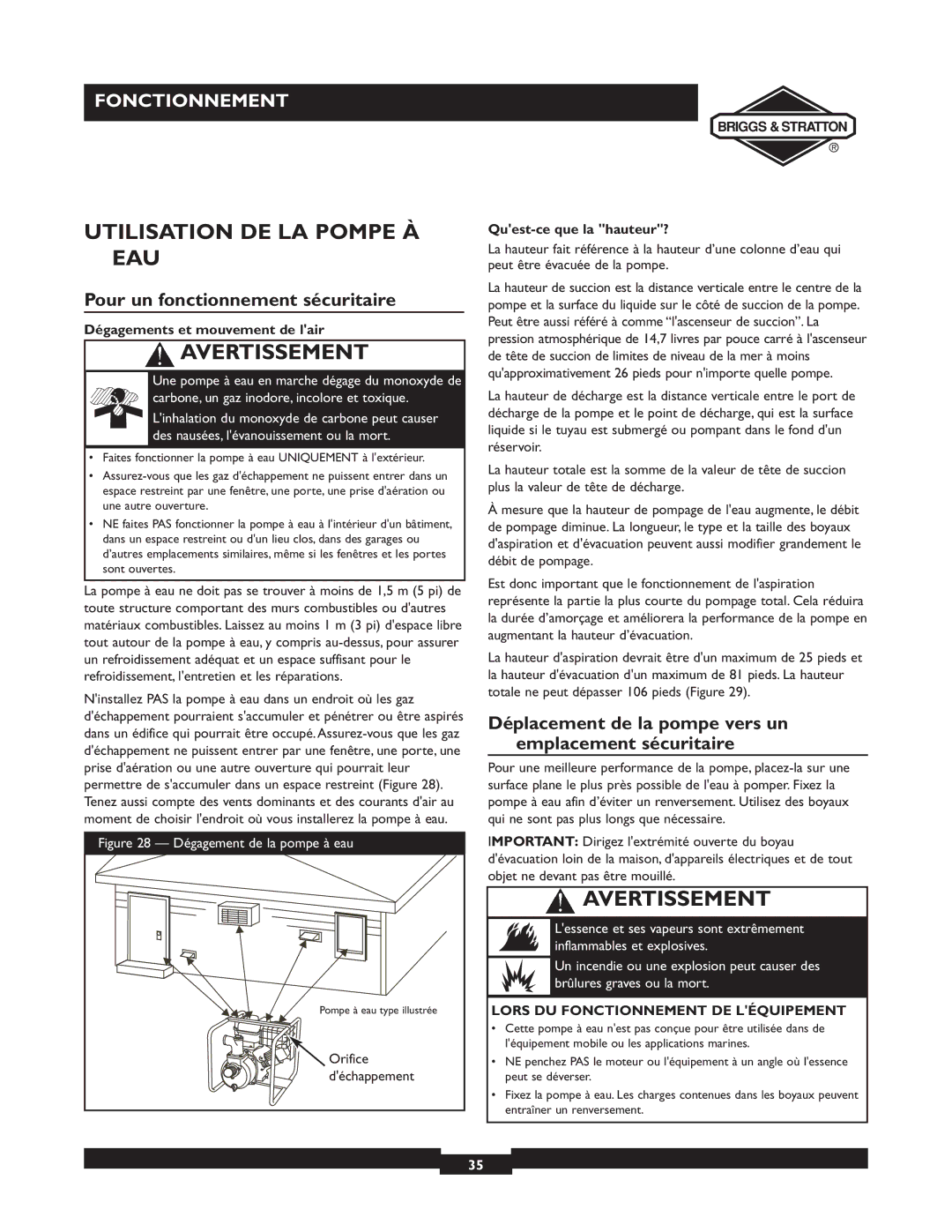 Briggs & Stratton 073003 Utilisation DE LA Pompe À EAU, Pour un fonctionnement sécuritaire, Quest-ce que la hauteur? 