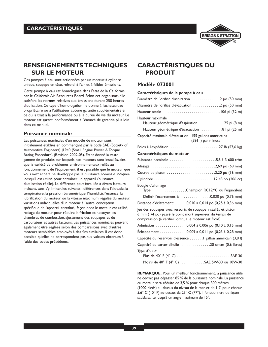 Briggs & Stratton 073002 Renseignements Techniques SUR LE Moteur, Caractéristiques DU Produit, Puissance nominale, Modèle 