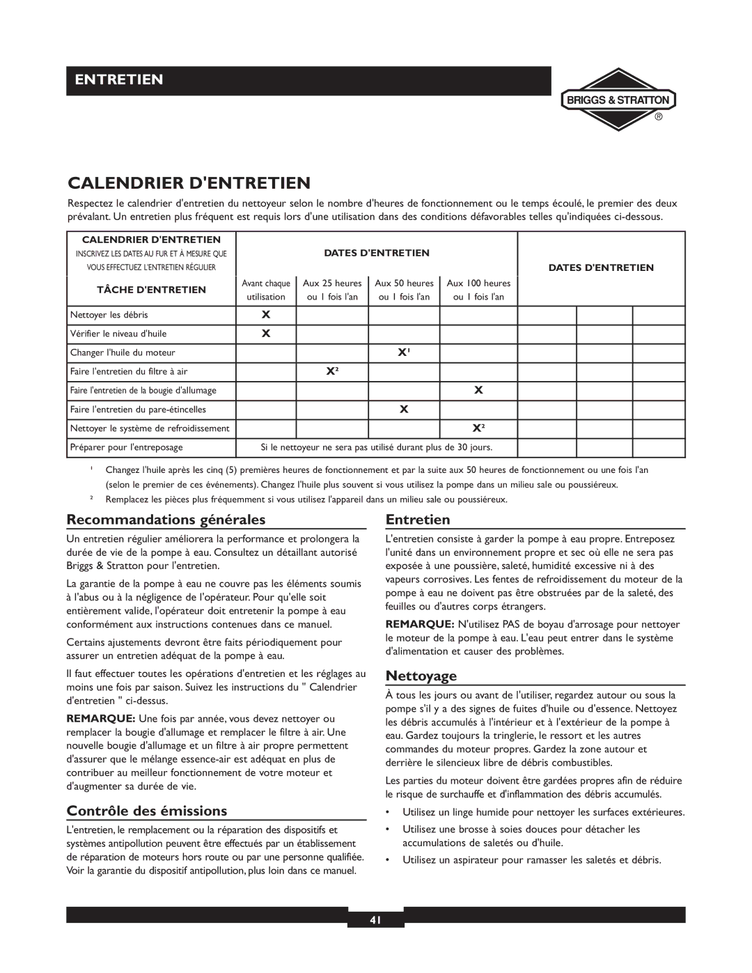 Briggs & Stratton 073003 Calendrier Dentretien, Recommandations générales, Contrôle des émissions, Entretien, Nettoyage 