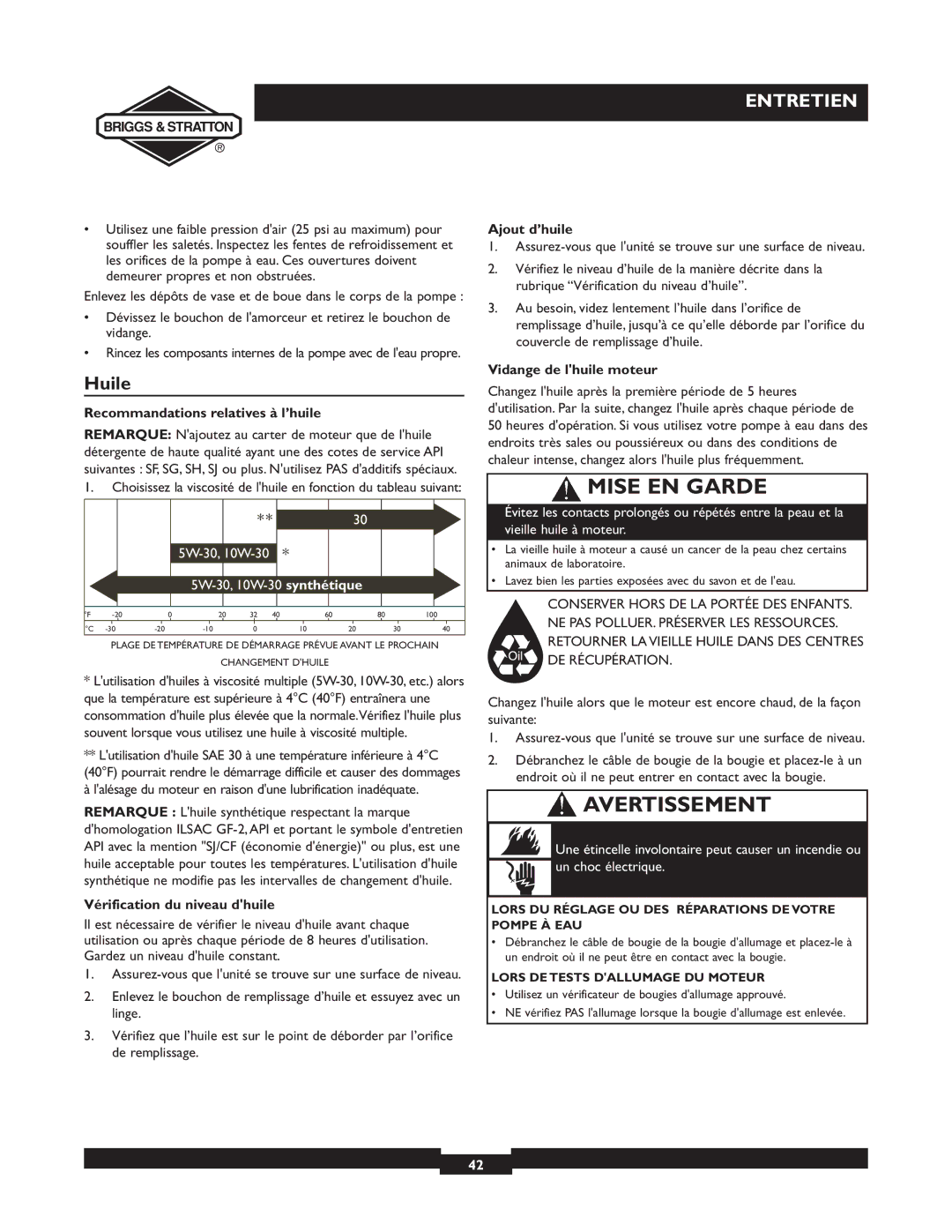 Briggs & Stratton 073002, 073001 Huile, Recommandations relatives à l’huile, Vérification du niveau dhuile, Ajout d’huile 