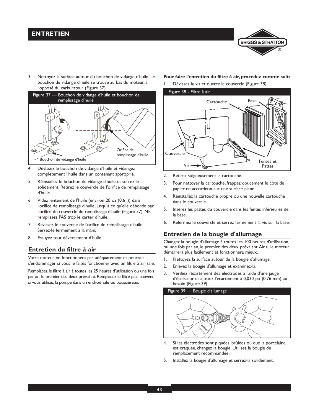 Briggs & Stratton 073001 Entretien du filtre à air, Entretien de la bougie dallumage, Cartouche Base, Couvercle, Vis 