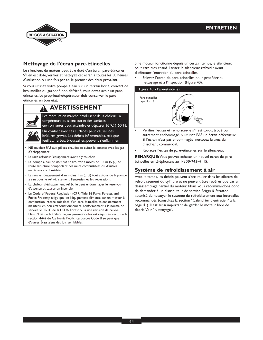 Briggs & Stratton 073003, 073002, 073001 owner manual Nettoyage de lécran pare-étincelles, Système de refroidissement à air 