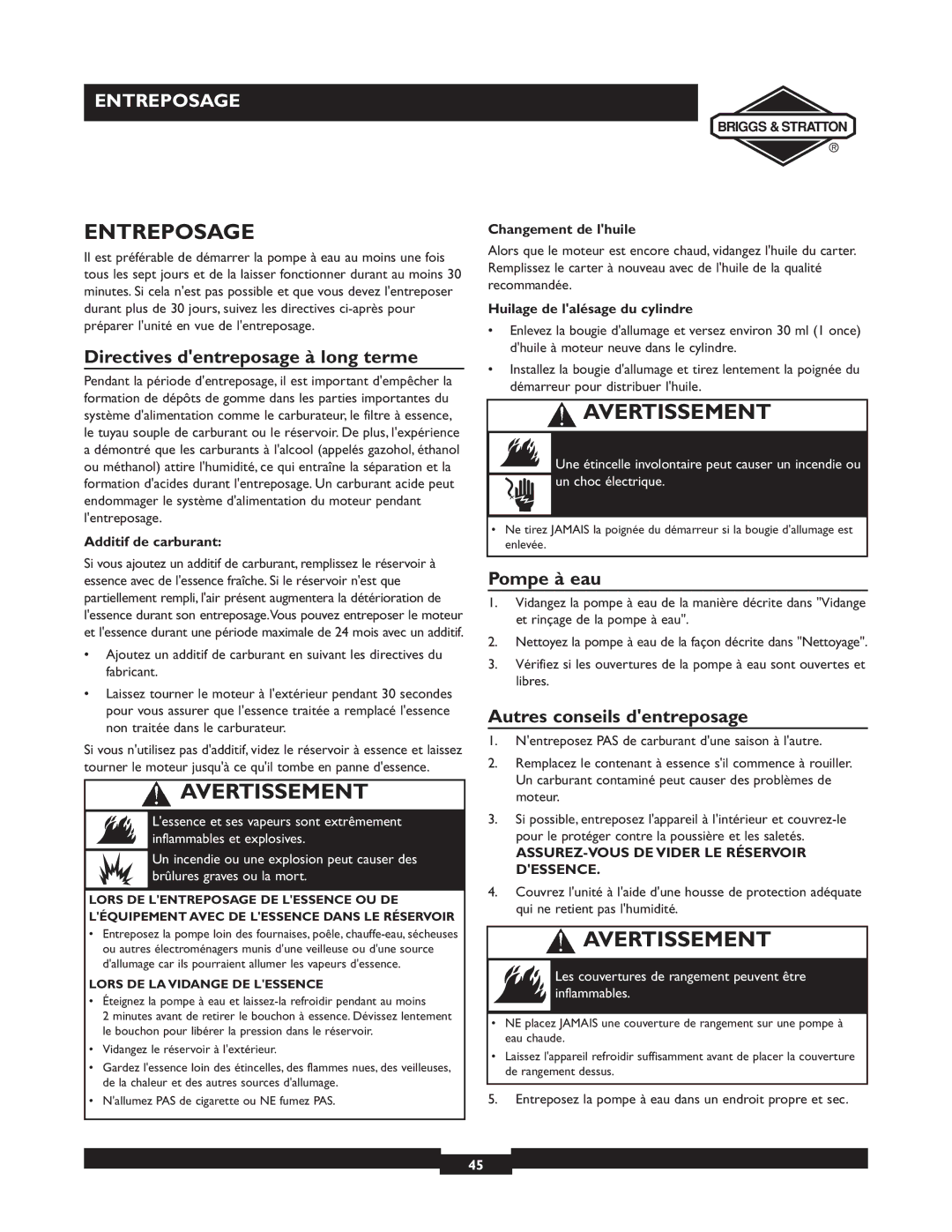 Briggs & Stratton 073002 Entreposage, Directives dentreposage à long terme, Pompe à eau, Autres conseils dentreposage 