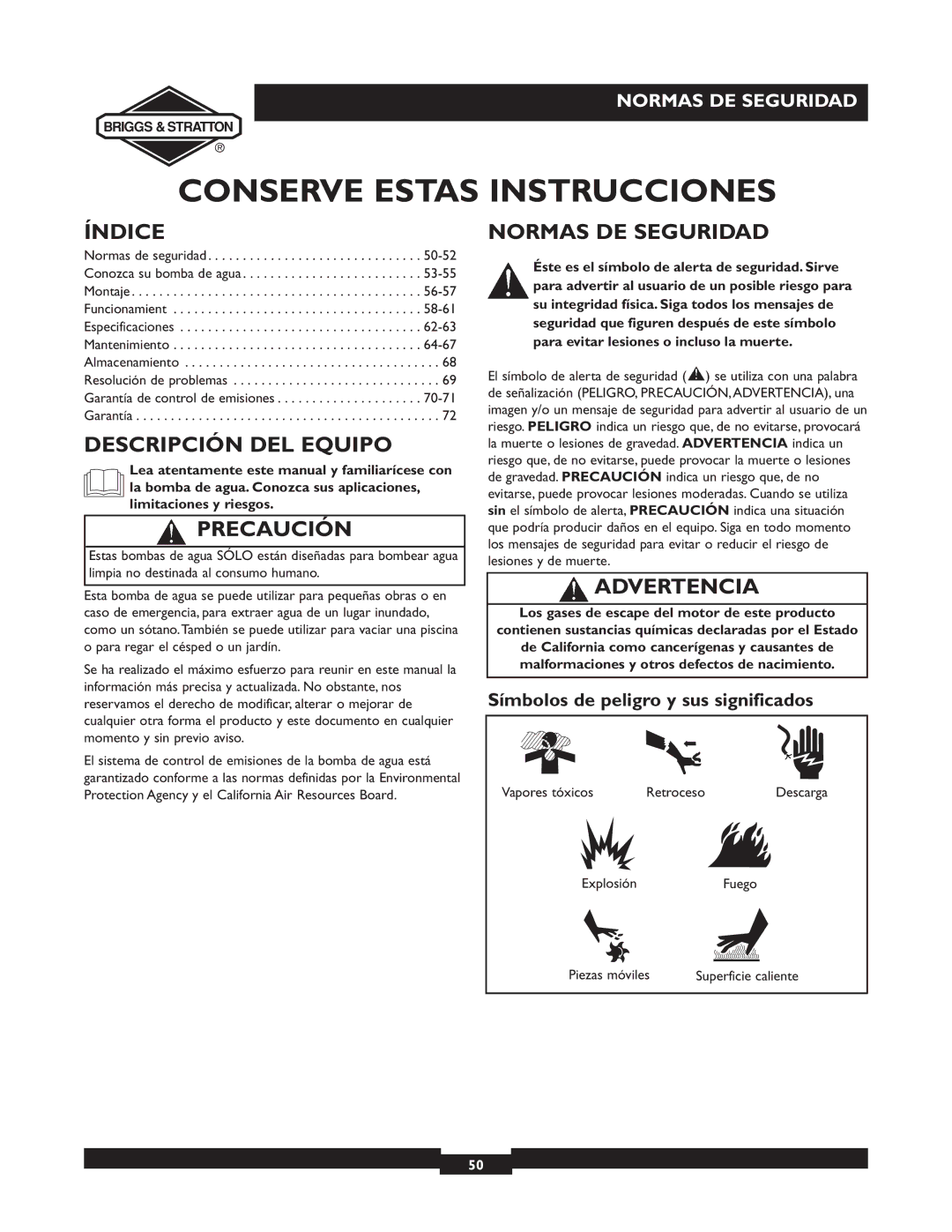 Briggs & Stratton 073003, 073002, 073001 Índice, Descripción DEL Equipo, Precaución, Normas DE Seguridad, Advertencia 