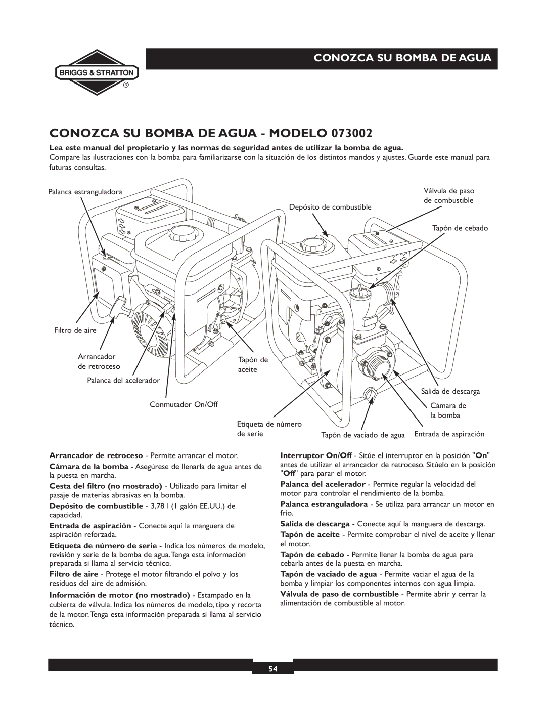 Briggs & Stratton 073002, 073001, 073003 owner manual Depósito de combustible 3,78 l 1 galón EE.UU. de capacidad 