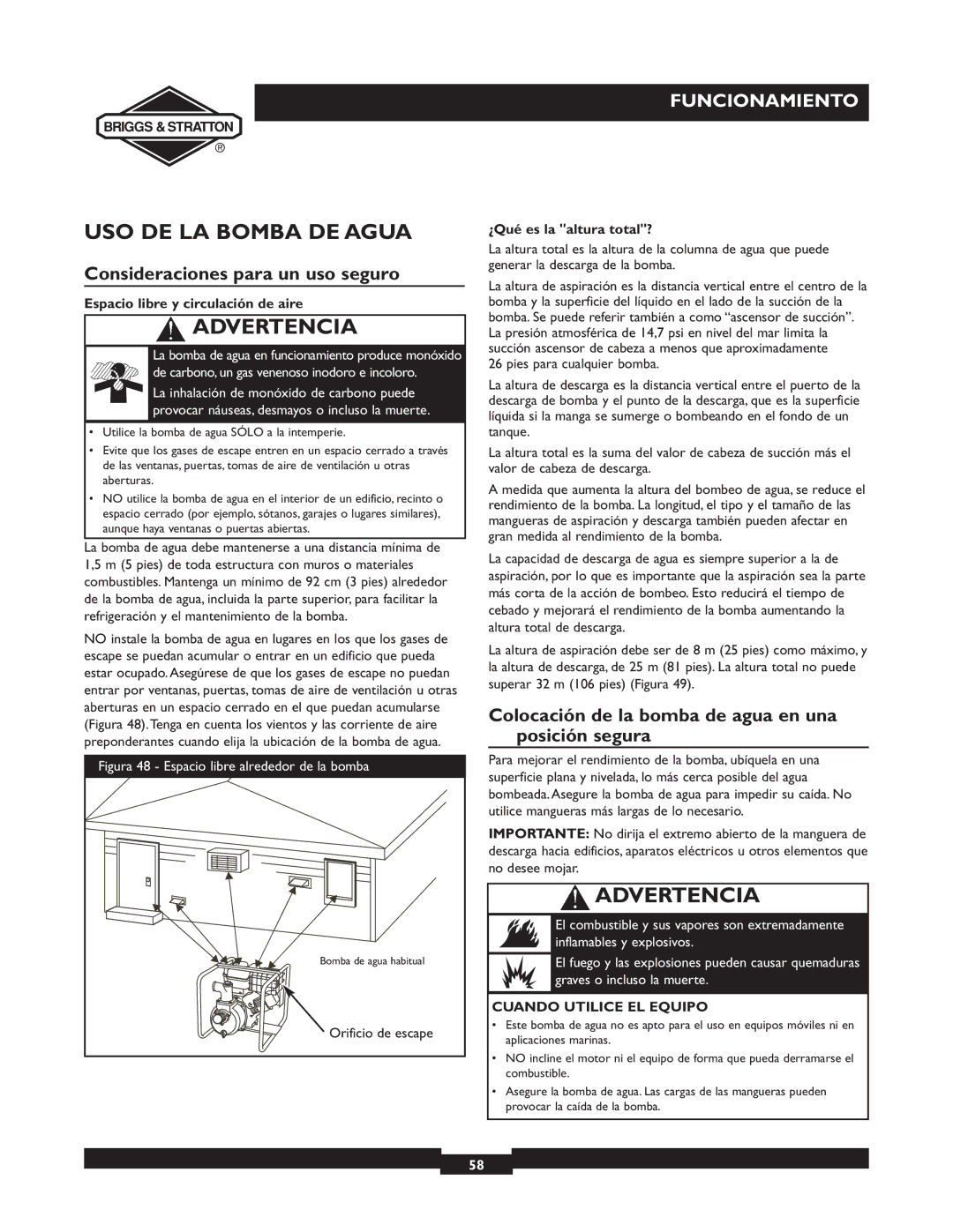 Briggs & Stratton 073001 USO DE LA Bomba DE Agua, Consideraciones para un uso seguro, Espacio libre y circulación de aire 