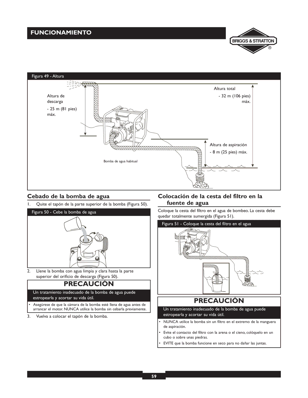 Briggs & Stratton 073003 Cebado de la bomba de agua, Colocación de la cesta del filtro en la fuente de agua, Altura total 