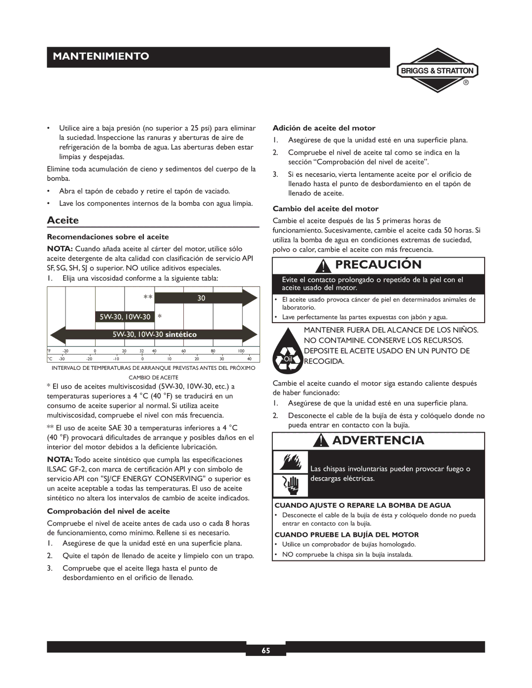 Briggs & Stratton 073003, 073002, 073001 Aceite, Recomendaciones sobre el aceite, Comprobación del nivel de aceite 