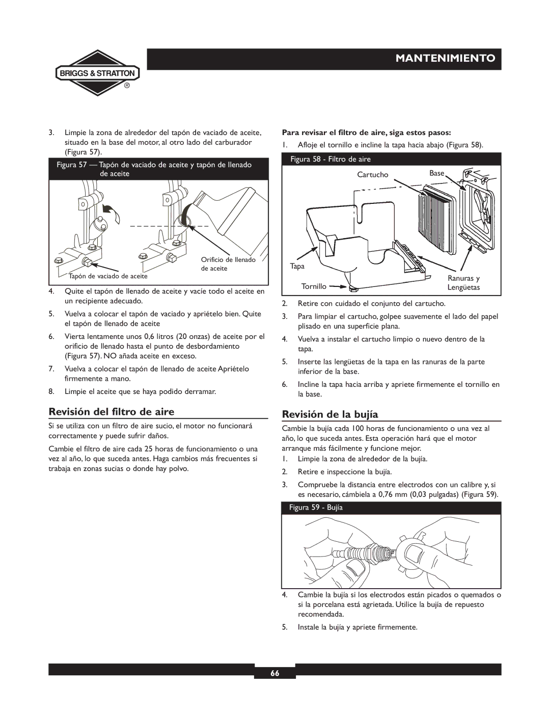 Briggs & Stratton 073002, 073001, 073003 owner manual Revisión del filtro de aire, Revisión de la bujía 