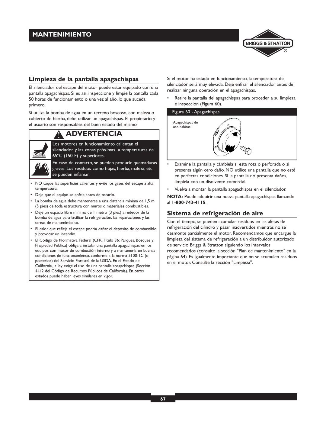 Briggs & Stratton 073001, 073002, 073003 owner manual Limpieza de la pantalla apagachispas, Sistema de refrigeración de aire 