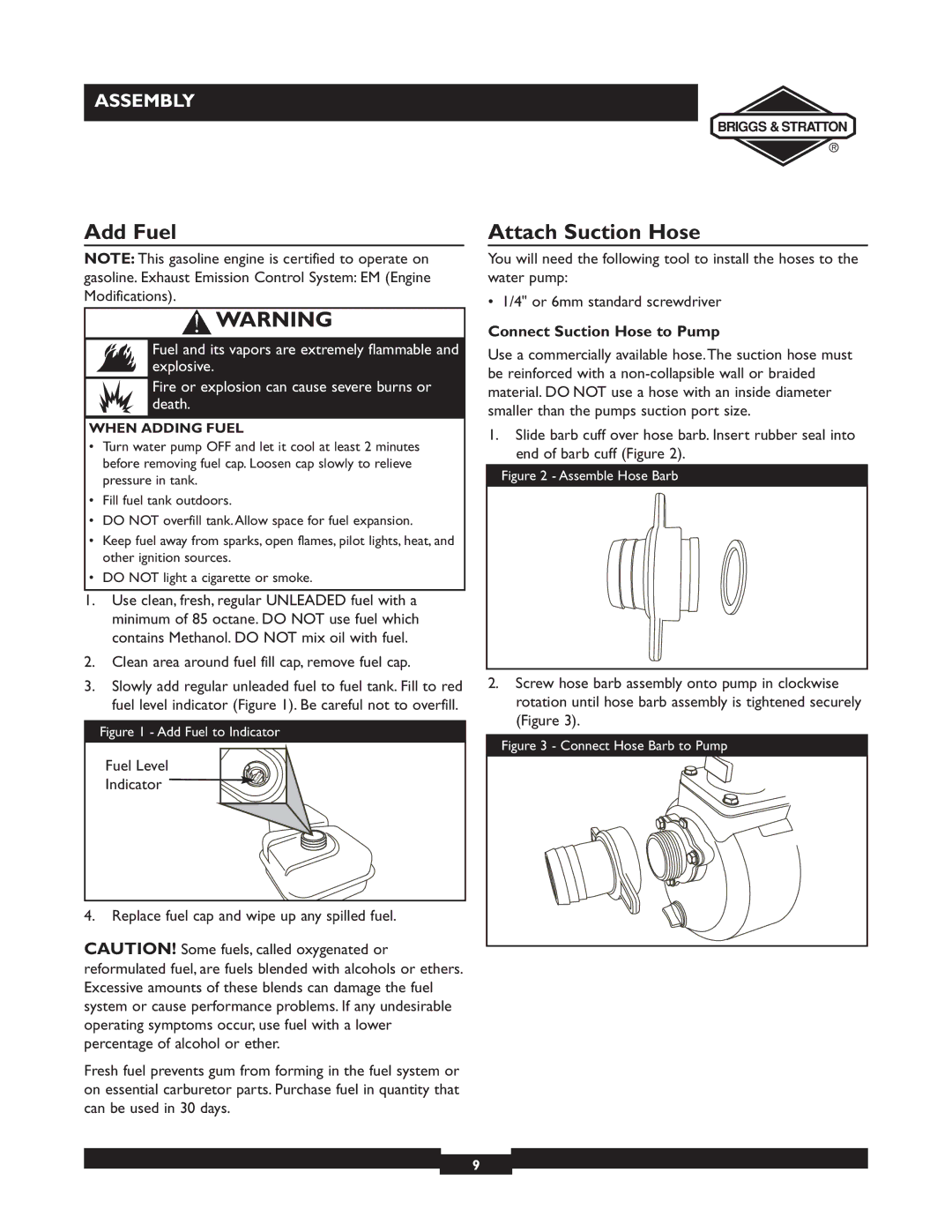 Briggs & Stratton 073002, 073001, 073003 owner manual Add Fuel, Attach Suction Hose, Connect Suction Hose to Pump 