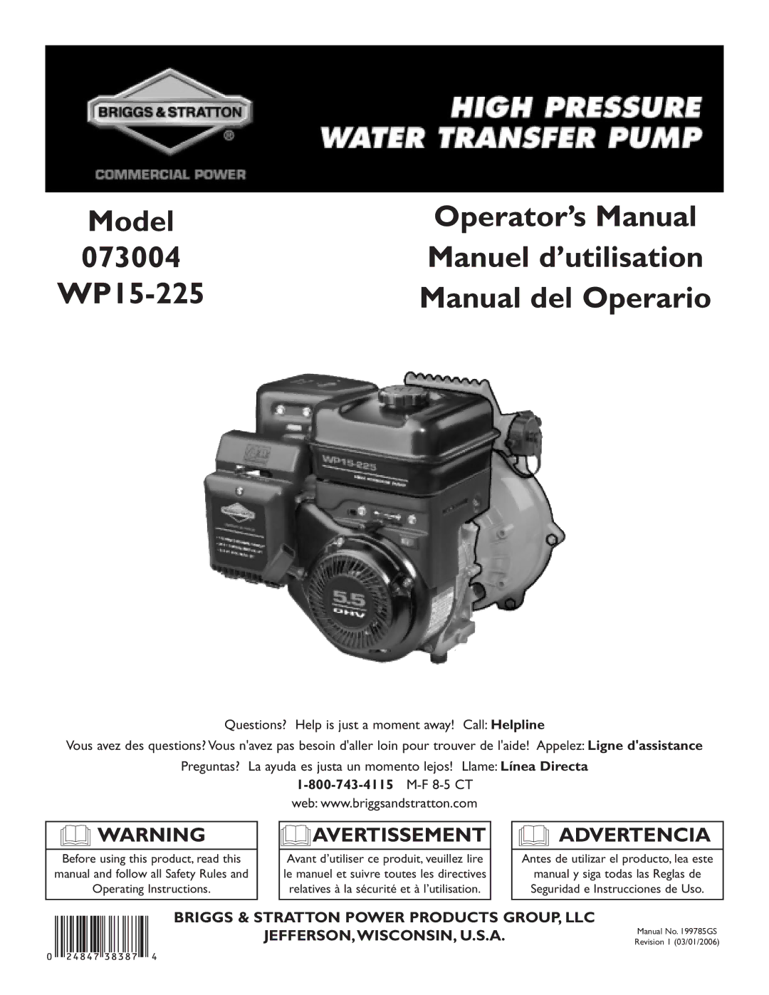 Briggs & Stratton 073004 WP15-225 manuel dutilisation Model 