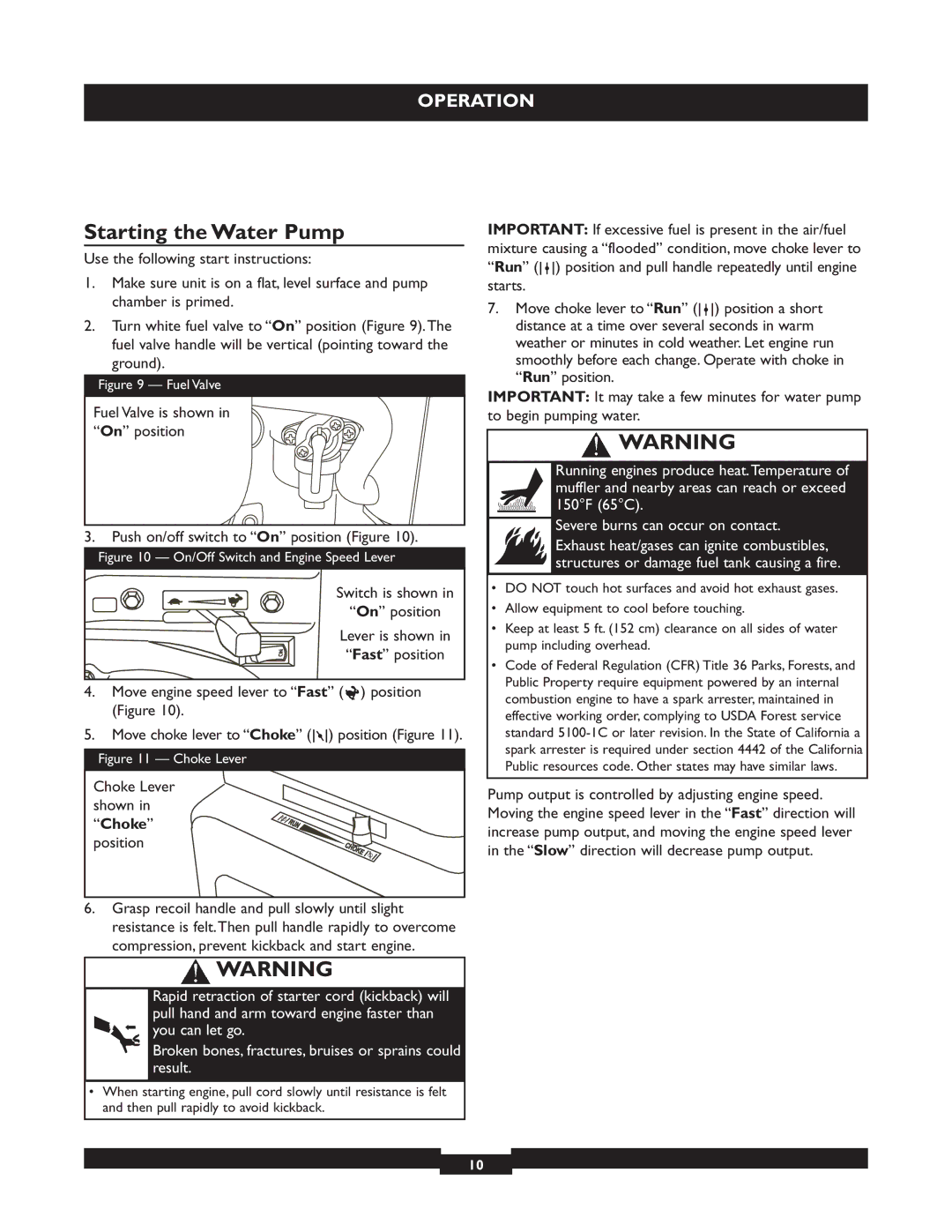 Briggs & Stratton 073004 WP15-225 manuel dutilisation Starting the Water Pump, Choke Lever shown in Choke position 