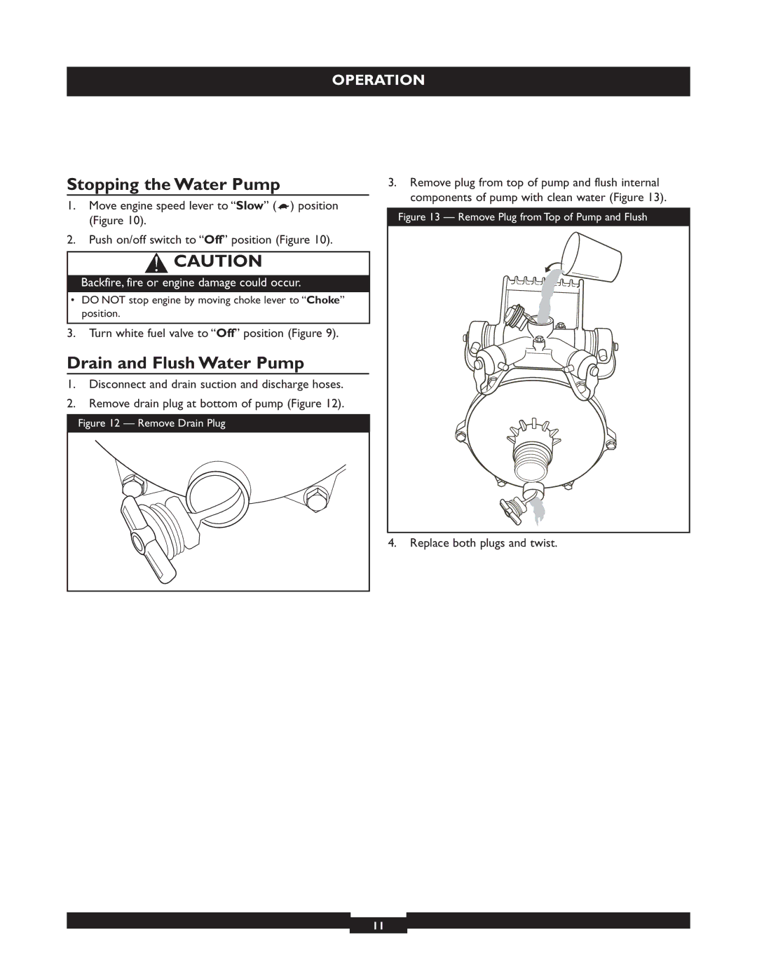 Briggs & Stratton 073004 WP15-225 manuel dutilisation Stopping the Water Pump, Drain and Flush Water Pump 