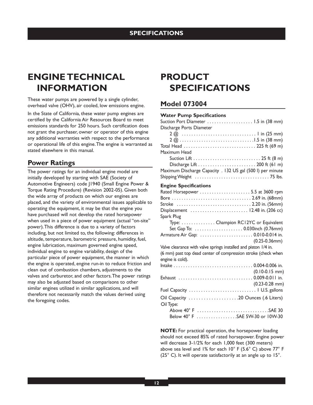 Briggs & Stratton 073004 WP15-225 Engine Technical Information, Product Specifications, Power Ratings, Model 