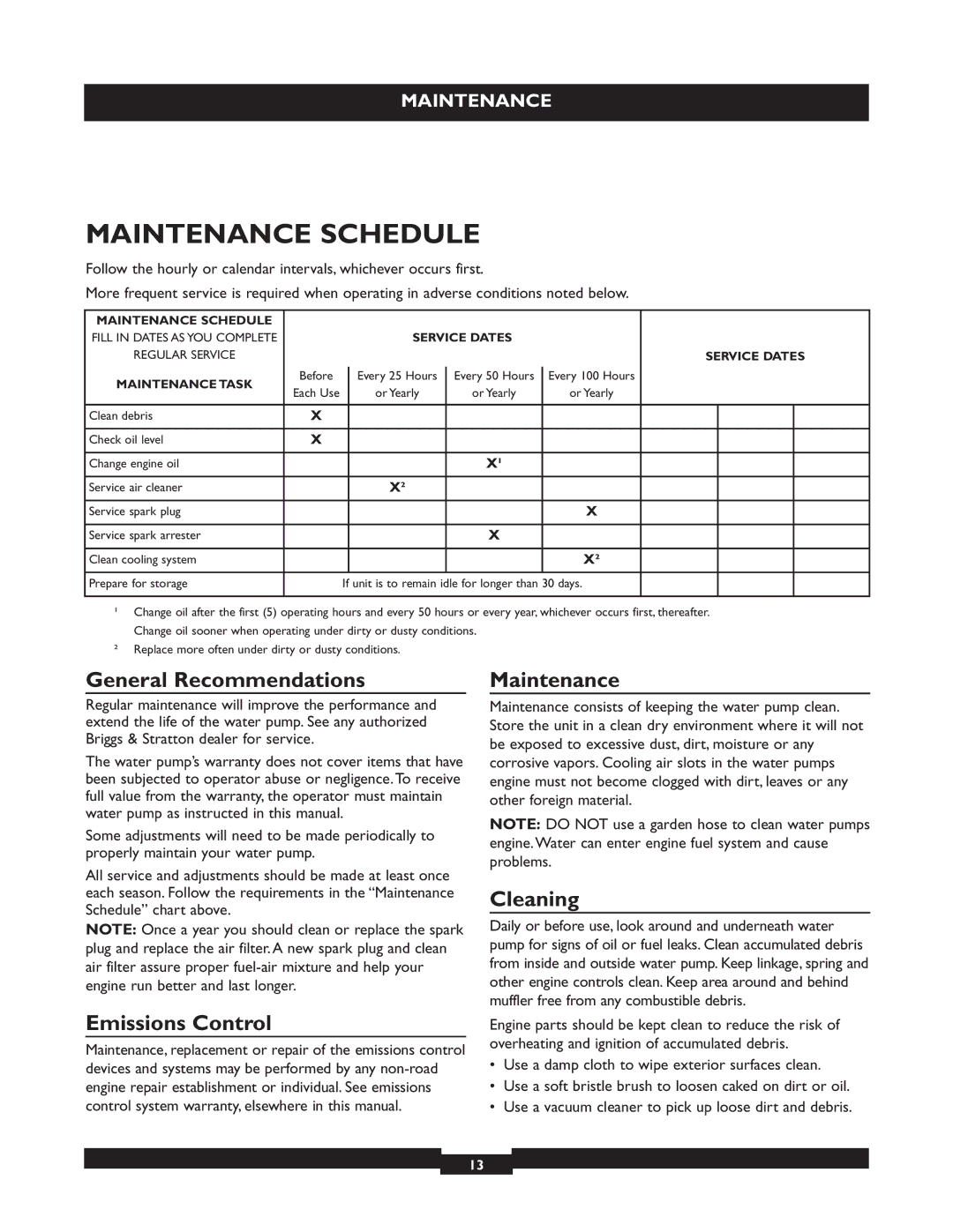 Briggs & Stratton 073004 WP15-225 Maintenance Schedule, General Recommendations, Emissions Control, Cleaning 