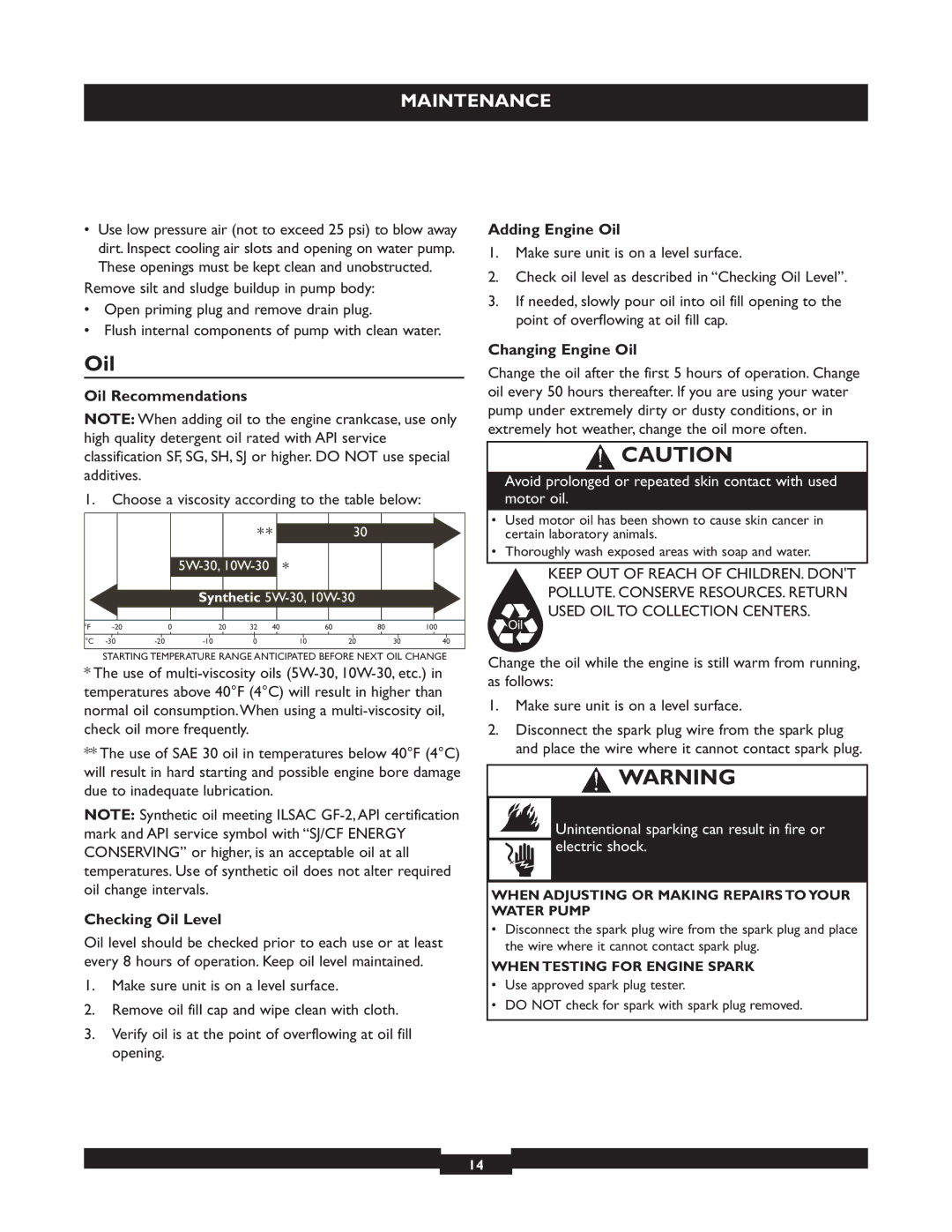 Briggs & Stratton 073004 WP15-225 Oil Recommendations, Checking Oil Level, Adding Engine Oil, Changing Engine Oil 