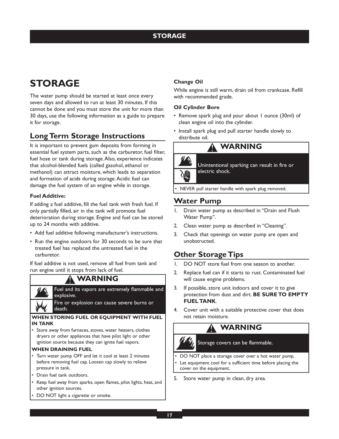 Briggs & Stratton 073004 WP15-225 manuel dutilisation Long Term Storage Instructions, Water Pump, Other Storage Tips 