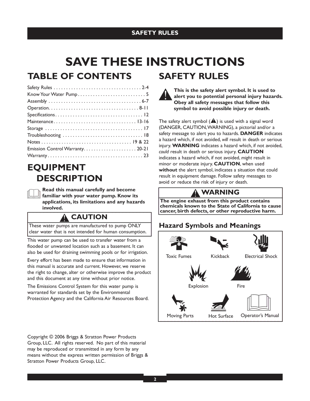 Briggs & Stratton 073004 WP15-225 manuel dutilisation Table of Contents, Equipment Description, Safety Rules 