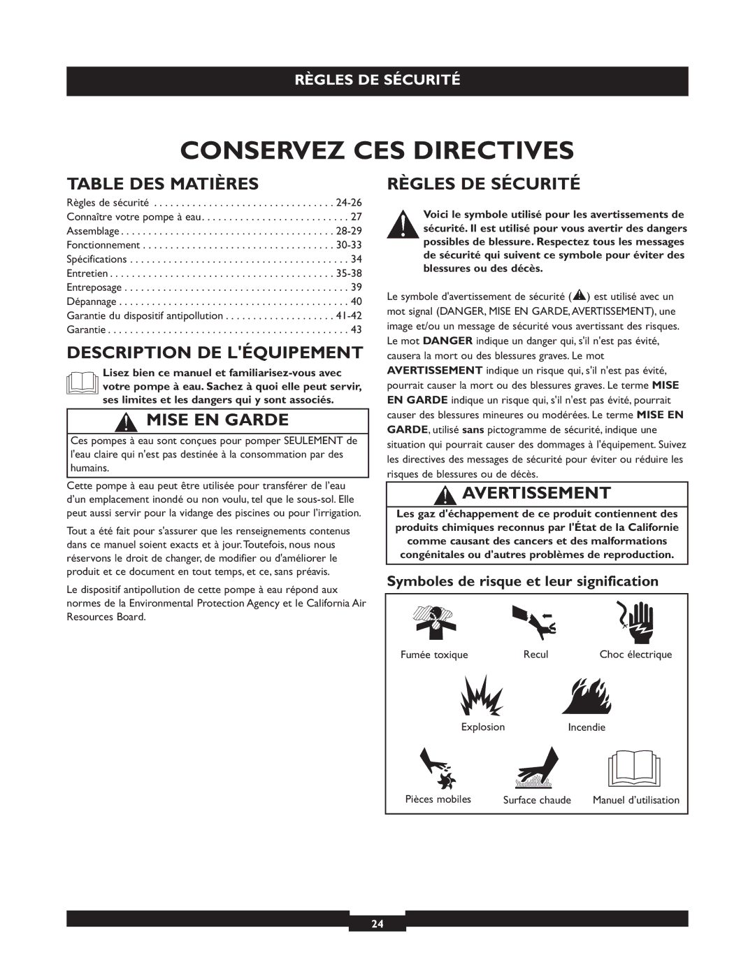 Briggs & Stratton 073004 WP15-225 Table DES Matières, Description DE Léquipement, Mise EN Garde, Règles DE Sécurité 