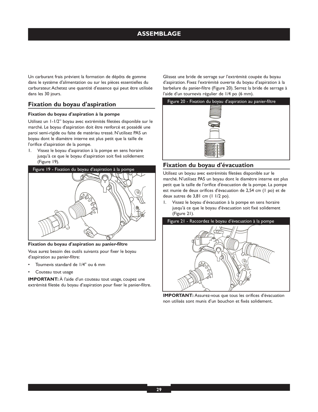 Briggs & Stratton 073004 WP15-225 manuel dutilisation Fixation du boyau daspiration, Fixation du boyau dévacuation 