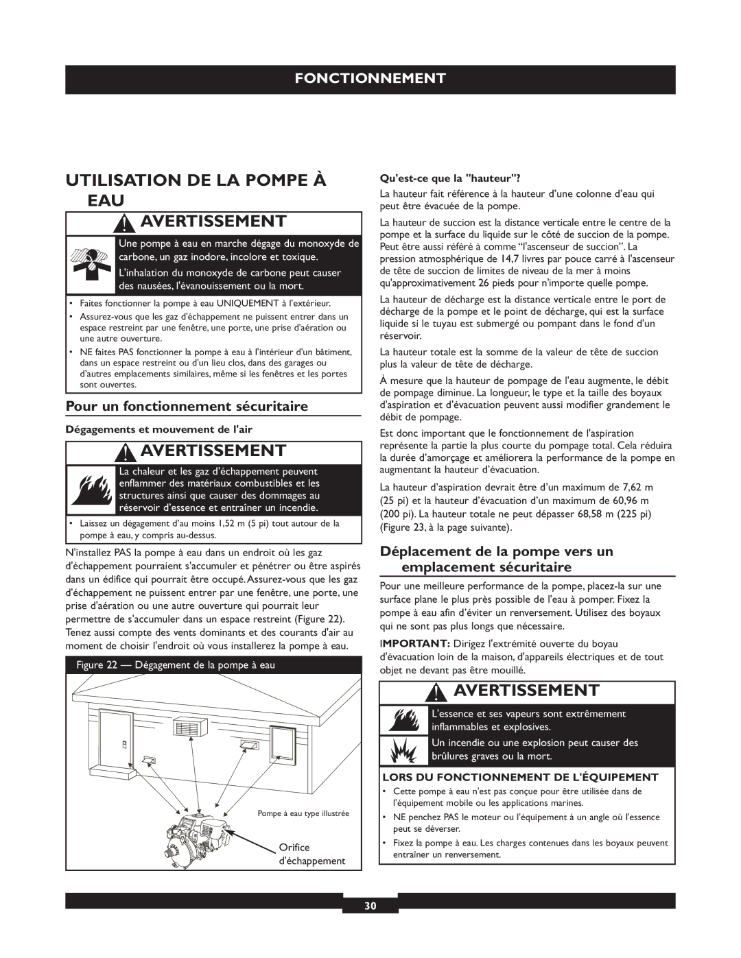 Briggs & Stratton 073004 WP15-225 Utilisation DE LA Pompe À EAU Avertissement, Pour un fonctionnement sécuritaire 