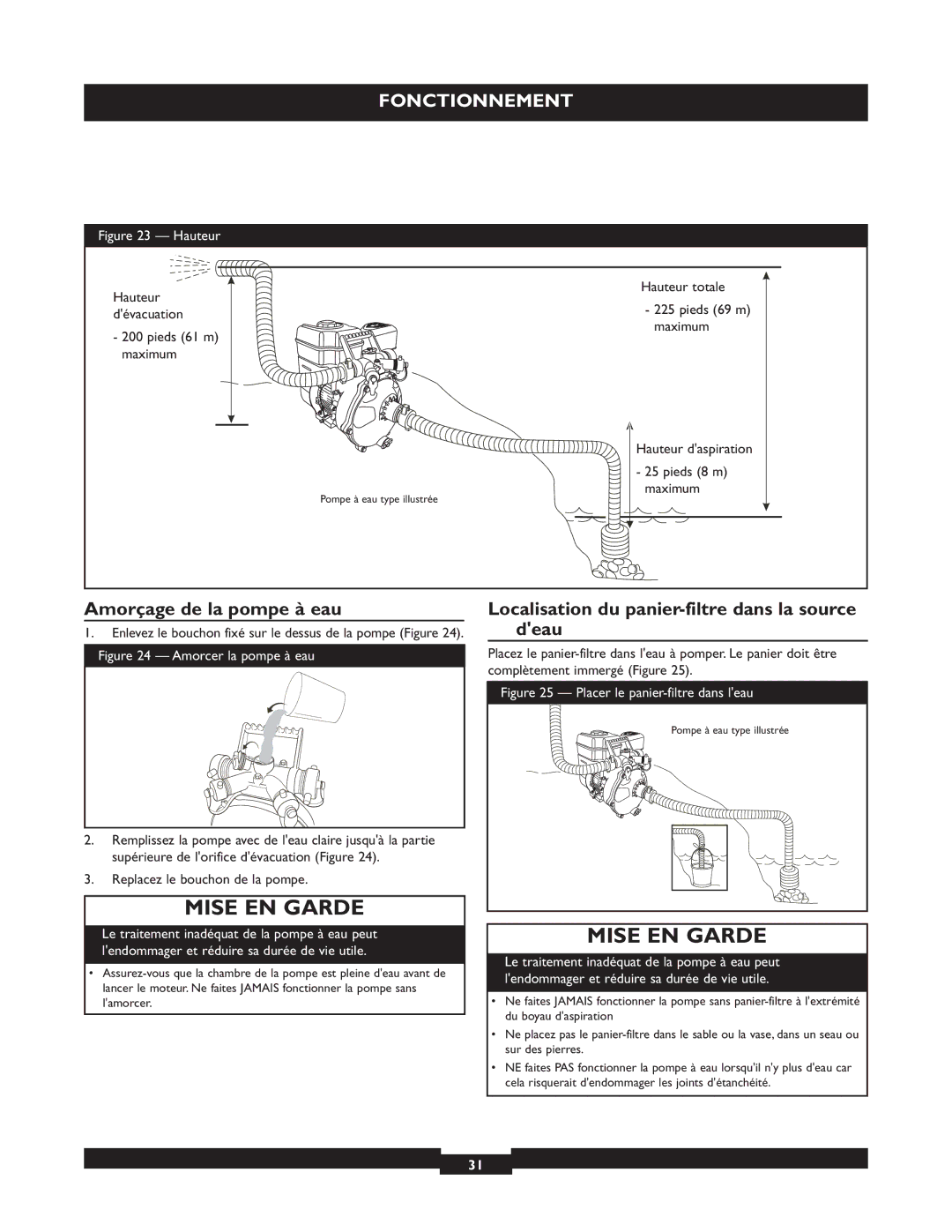 Briggs & Stratton 073004 WP15-225 Amorçage de la pompe à eau, Localisation du panier-filtre dans la source deau 