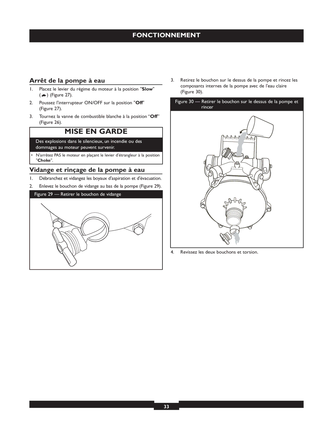 Briggs & Stratton 073004 WP15-225 manuel dutilisation Arrêt de la pompe à eau, Vidange et rinçage de la pompe à eau 