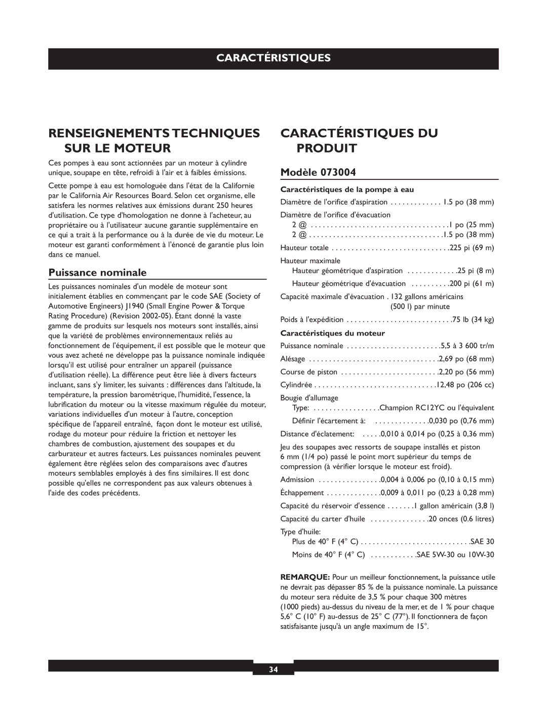 Briggs & Stratton 073004 WP15-225 Renseignements Techniques SUR LE Moteur, Caractéristiques DU Produit, Puissance nominale 