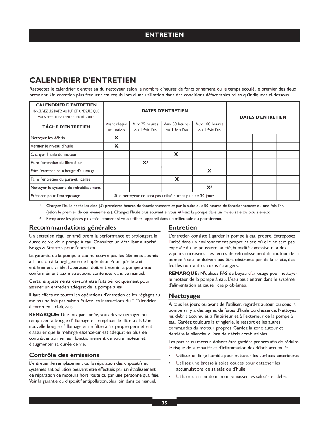 Briggs & Stratton 073004 WP15-225 Calendrier Dentretien, Recommandations générales, Contrôle des émissions, Entretien 