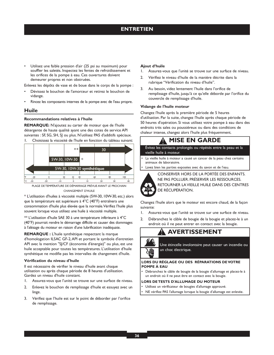 Briggs & Stratton 073004 WP15-225 Huile, Recommandations relatives à l’huile, Vérification du niveau dhuile, Ajout d’huile 