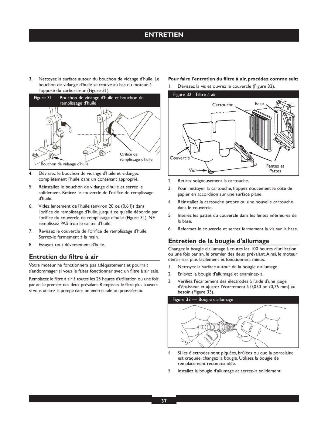 Briggs & Stratton 073004 WP15-225 Entretien du filtre à air, Entretien de la bougie dallumage, Cartouche Base, Couvercle 