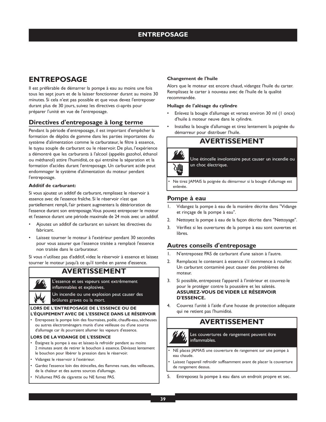 Briggs & Stratton 073004 WP15-225 manuel dutilisation Entreposage, Directives dentreposage à long terme, Pompe à eau 