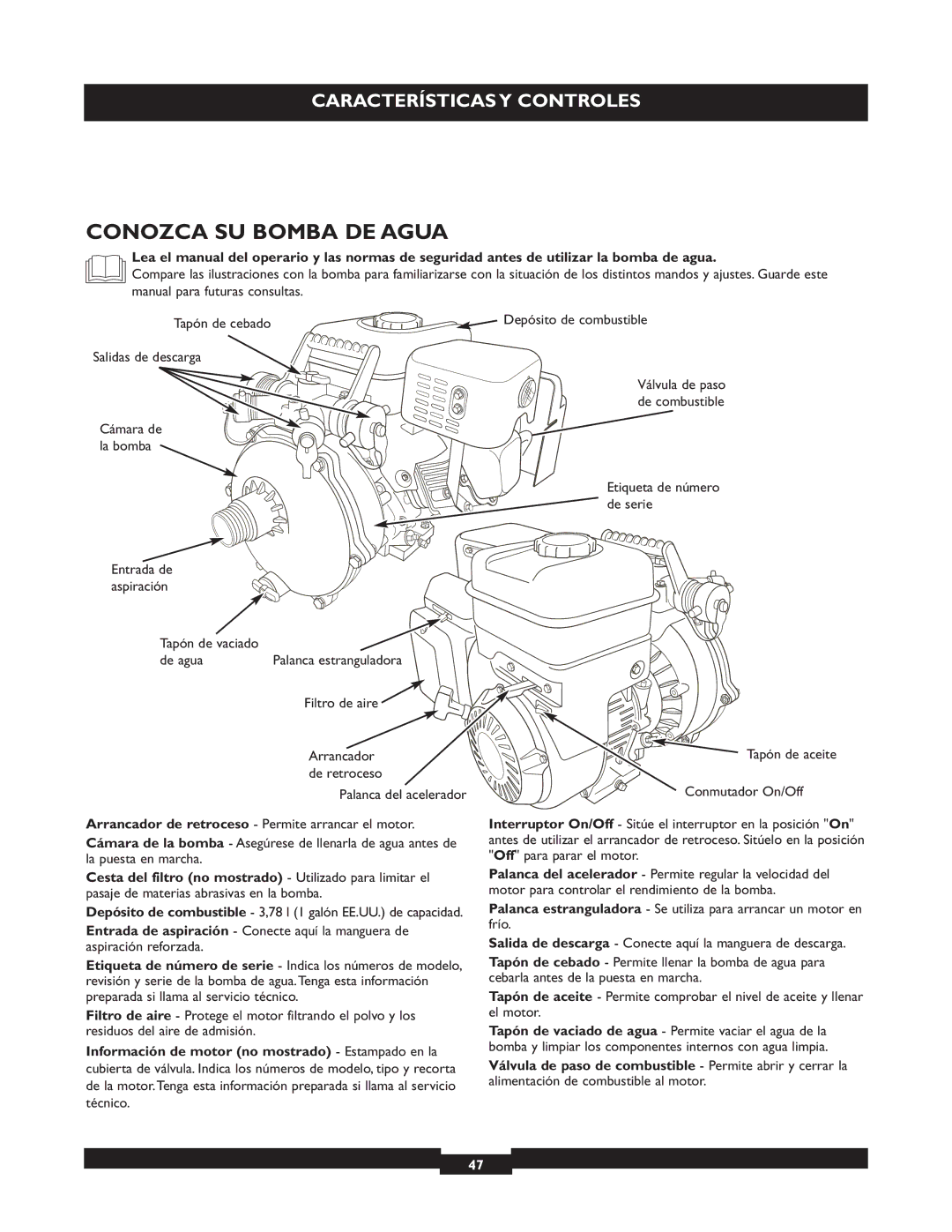 Briggs & Stratton 073004 WP15-225 manuel dutilisation Conozca SU Bomba DE Agua, Depósito de combustible 