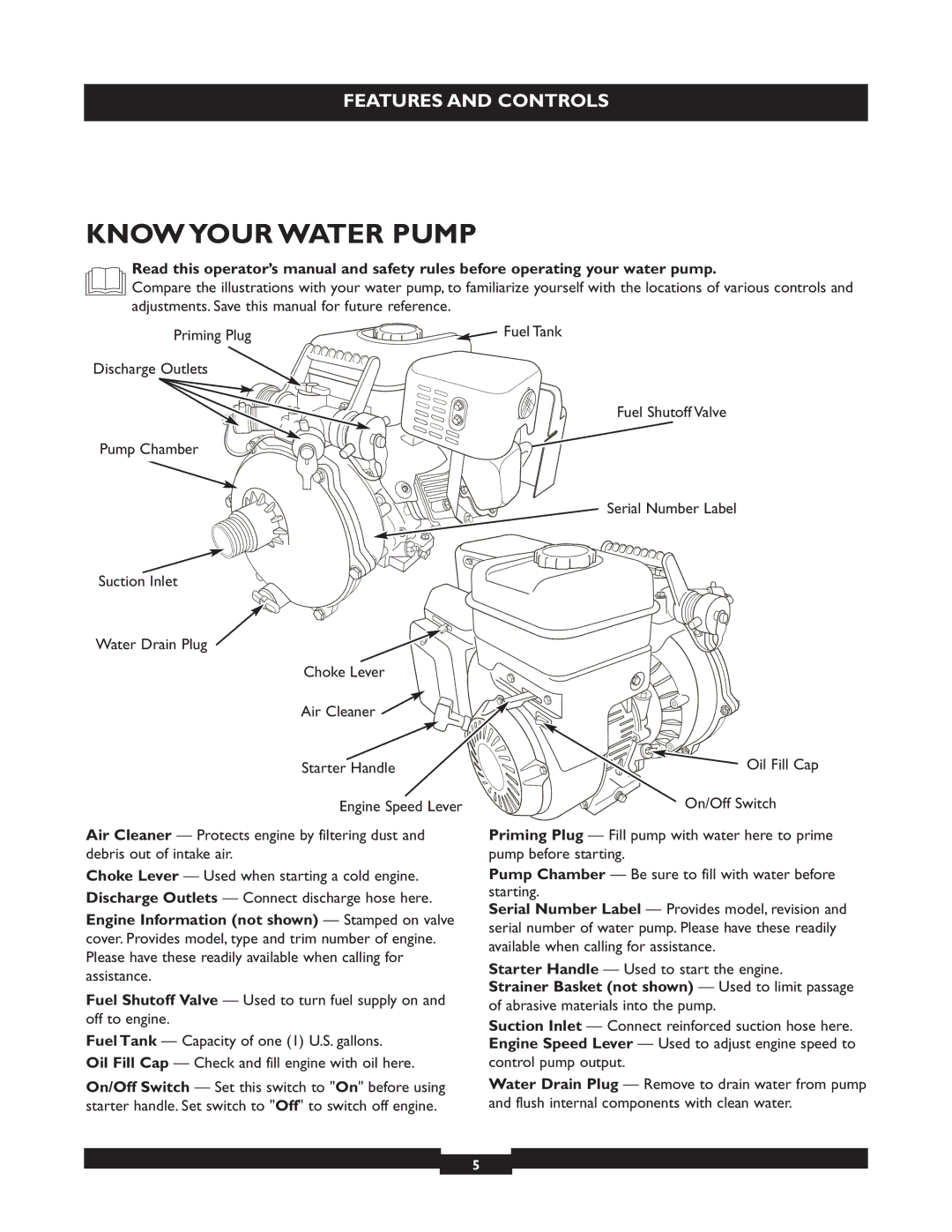 Briggs & Stratton 073004 WP15-225 manuel dutilisation Know Your Water Pump, Engine Information not shown Stamped on valve 