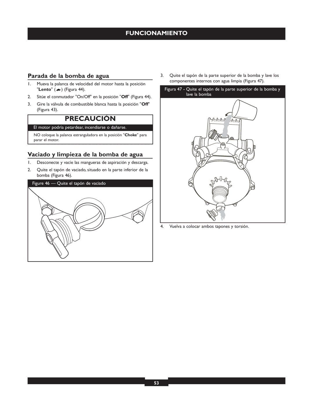 Briggs & Stratton 073004 WP15-225 manuel dutilisation Parada de la bomba de agua, Vaciado y limpieza de la bomba de agua 