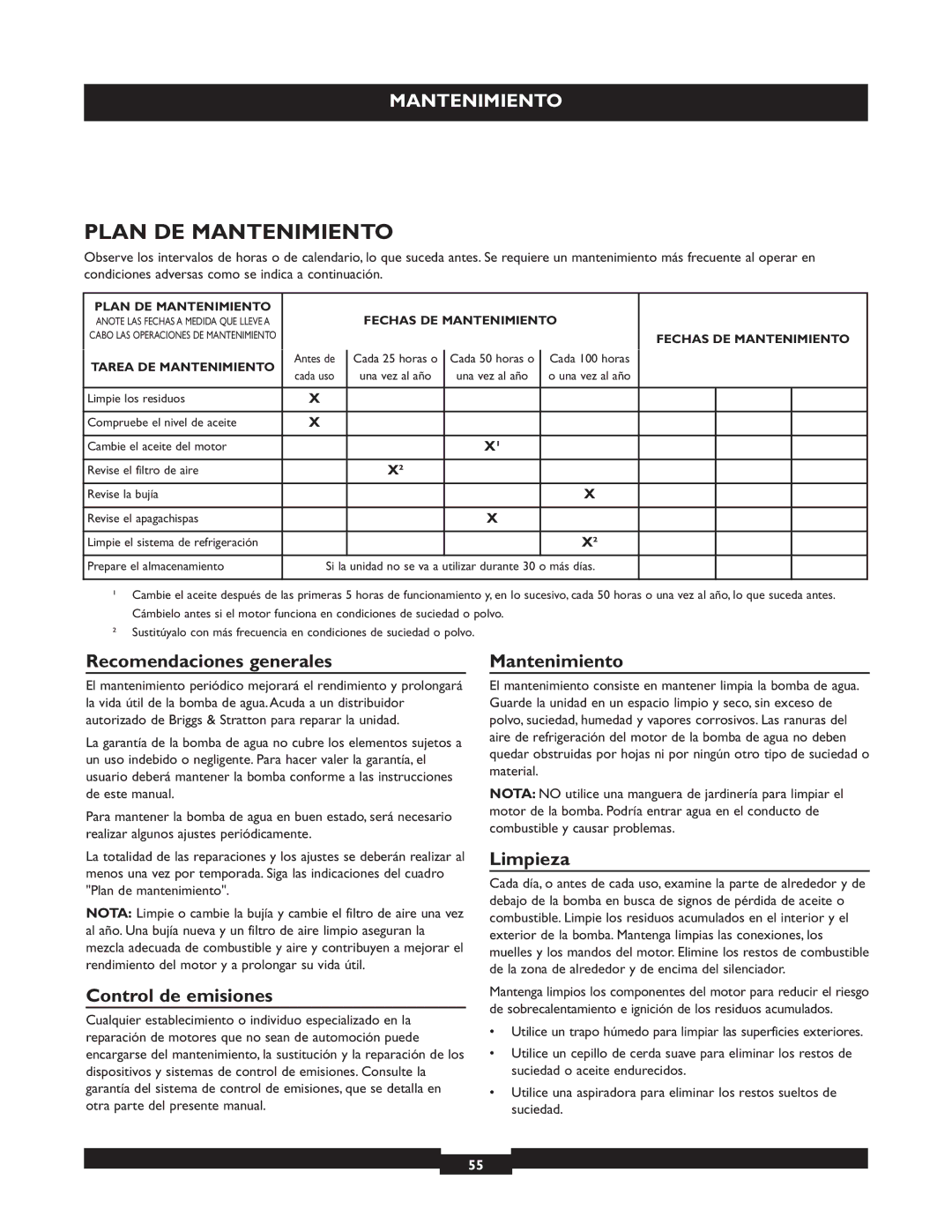 Briggs & Stratton 073004 WP15-225 Plan DE Mantenimiento, Recomendaciones generales, Control de emisiones, Limpieza 