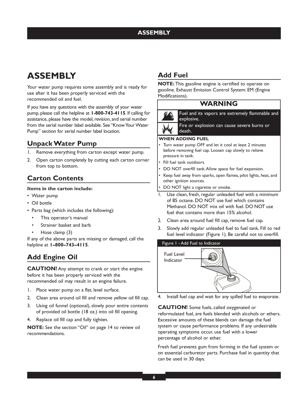 Briggs & Stratton 073004 WP15-225 Assembly, Unpack Water Pump, Carton Contents, Add Engine Oil, Add Fuel 